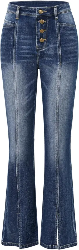 Women's High Waisted Slit Flared Jeans - Slim Fit Stretch Denim Comfort and Style