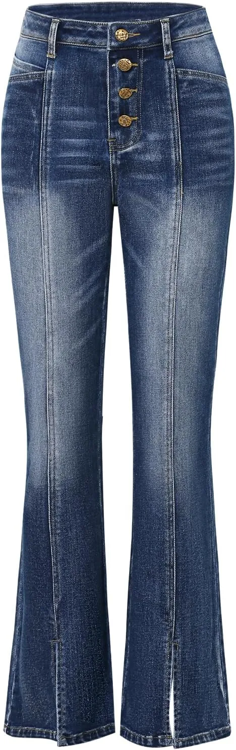 Women's High Waisted Slit Flared Jeans - Slim Fit Stretch Denim Comfort and Style