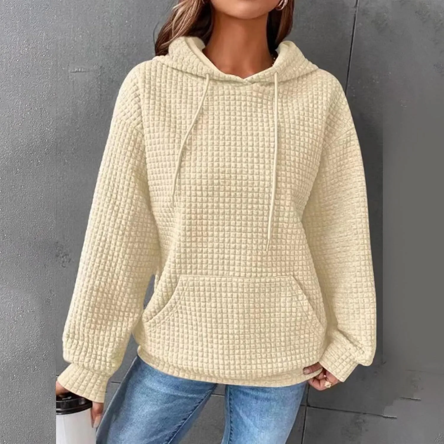 Womens Hoodies Long Sleeve Solid Drawstring Hoodie Sweatshirts For Women Casual Pullover With Pockets Tops 2024