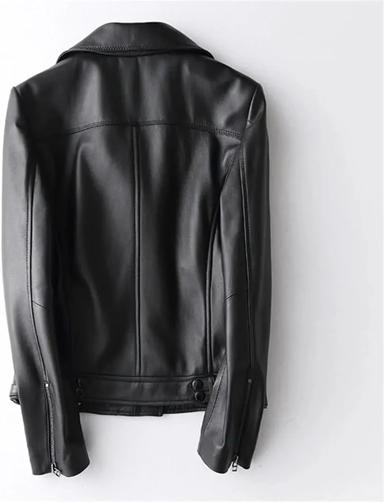 Womens Lambskin Leather Jackets Coats Notched Lapel Diagonal Zipper Motorcycle Leather Jacket