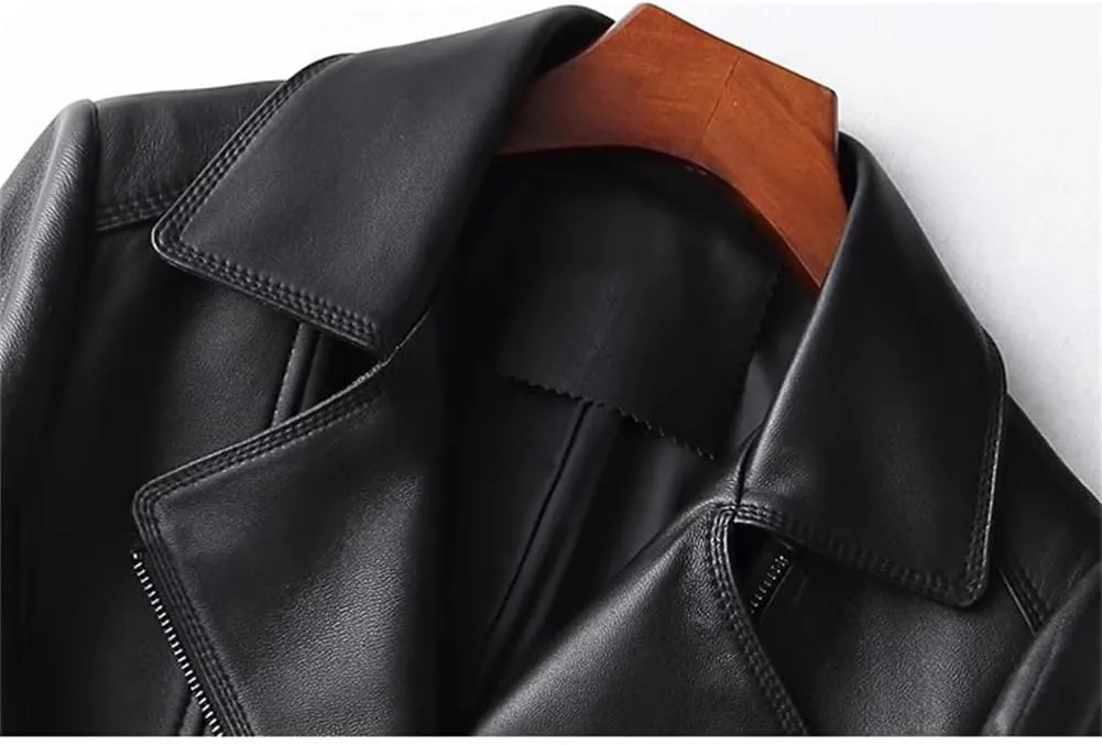 Womens Lambskin Leather Jackets Coats Notched Lapel Diagonal Zipper Motorcycle Leather Jacket