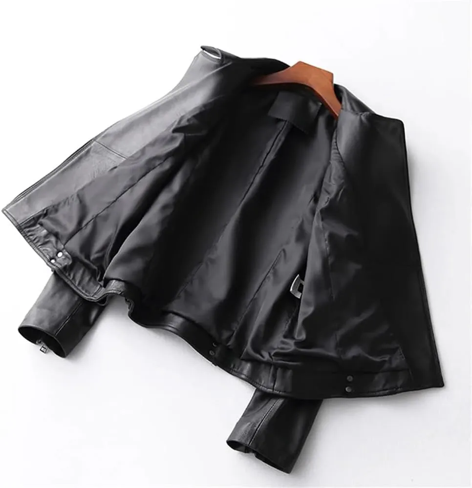 Womens Lambskin Leather Jackets Coats Notched Lapel Diagonal Zipper Motorcycle Leather Jacket