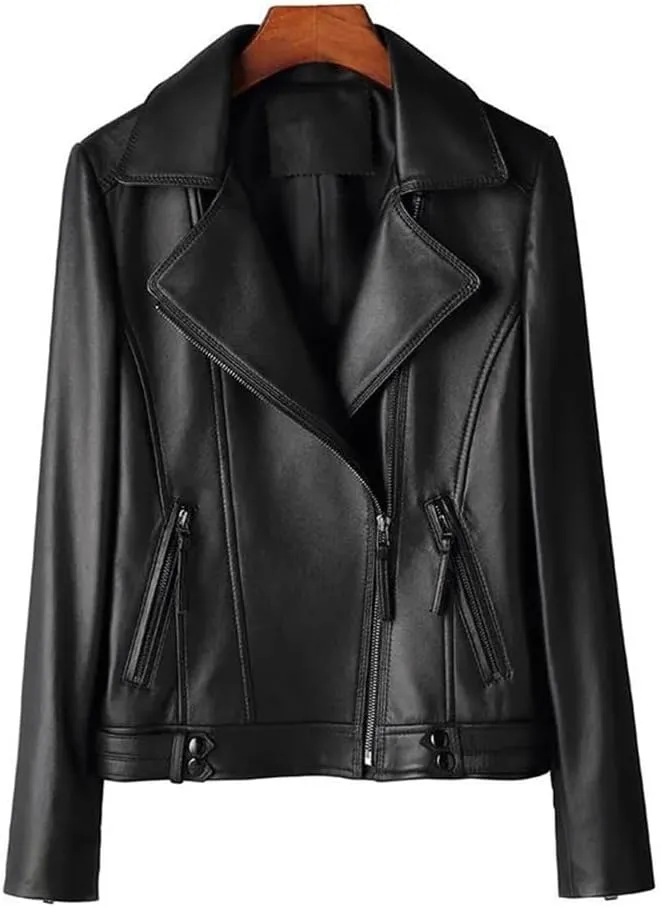 Womens Lambskin Leather Jackets Coats Notched Lapel Diagonal Zipper Motorcycle Leather Jacket