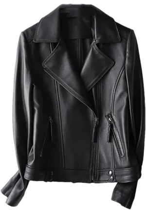 Womens Lambskin Leather Jackets Coats Notched Lapel Diagonal Zipper Motorcycle Leather Jacket