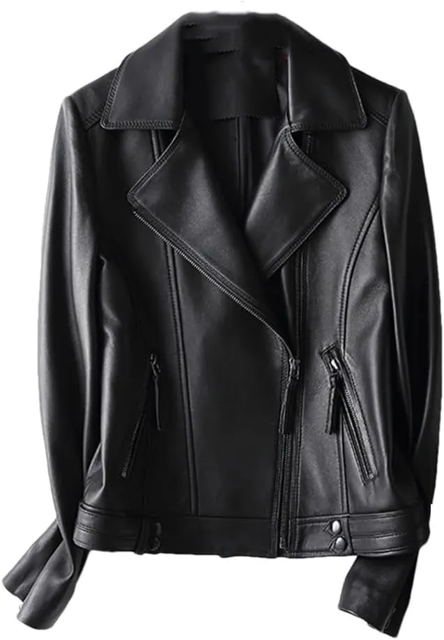 Womens Lambskin Leather Jackets Coats Notched Lapel Diagonal Zipper Motorcycle Leather Jacket