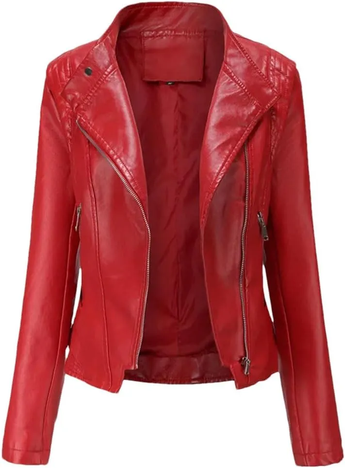 Women's Leather Jackets Short Coat Motorcycle Coat Long Sleeves Lapel Slim Jackets