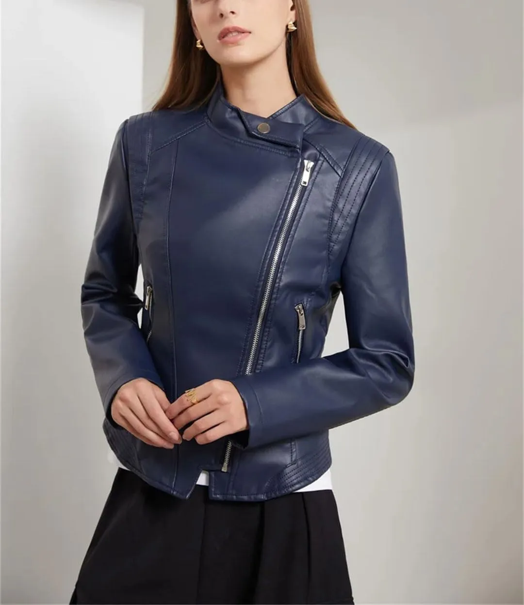Women's Leather Jackets Short Coat Motorcycle Coat Long Sleeves Lapel Slim Jackets
