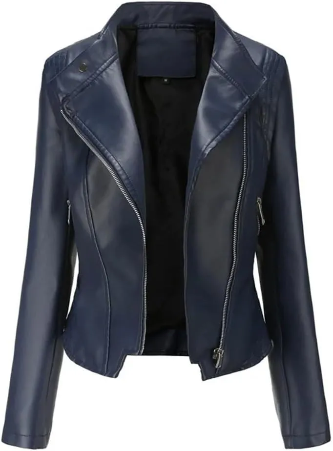 Women's Leather Jackets Short Coat Motorcycle Coat Long Sleeves Lapel Slim Jackets