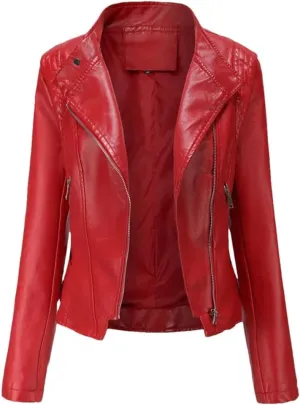 Women's Leather Jackets Short Coat Motorcycle Coat Long Sleeves Lapel Slim Jackets