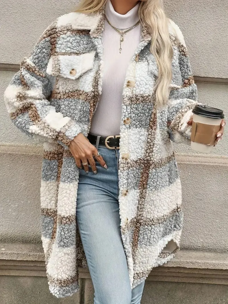 Women's Long Flannel Plaid Jacket Shacket Lightweight Button Down Fuzzy Fleece Shirts Trendy Sherpa Trench Coat