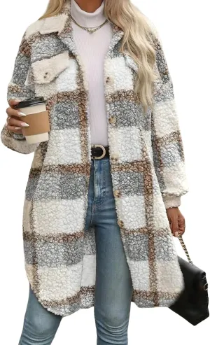 Women's Long Flannel Plaid Jacket Shacket Lightweight Button Down Fuzzy Fleece Shirts Trendy Sherpa Trench Coat