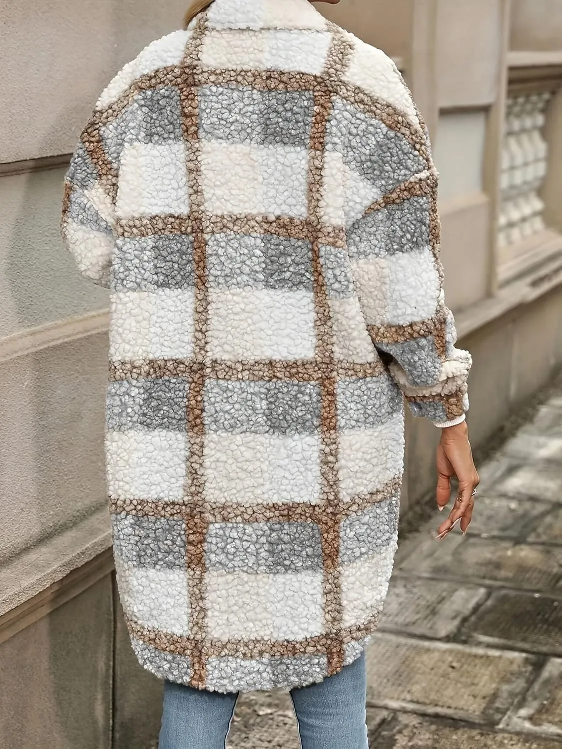 Women's Long Flannel Plaid Jacket Shacket Lightweight Button Down Fuzzy Fleece Shirts Trendy Sherpa Trench Coat