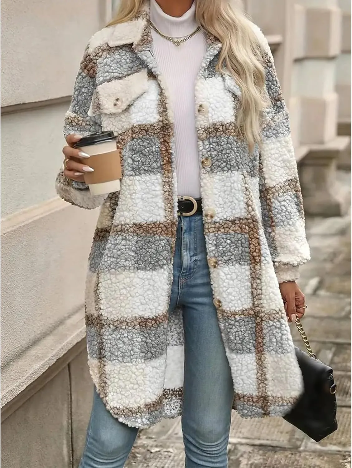 Women's Long Flannel Plaid Jacket Shacket Lightweight Button Down Fuzzy Fleece Shirts Trendy Sherpa Trench Coat