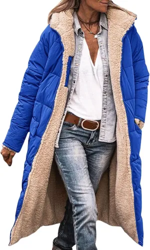 Womens Long Puffer Jackets Zip Up Hoodie Quilted Jacket Winter Warm Down Jacket Sherpa Fleece Lined Reversible Coat