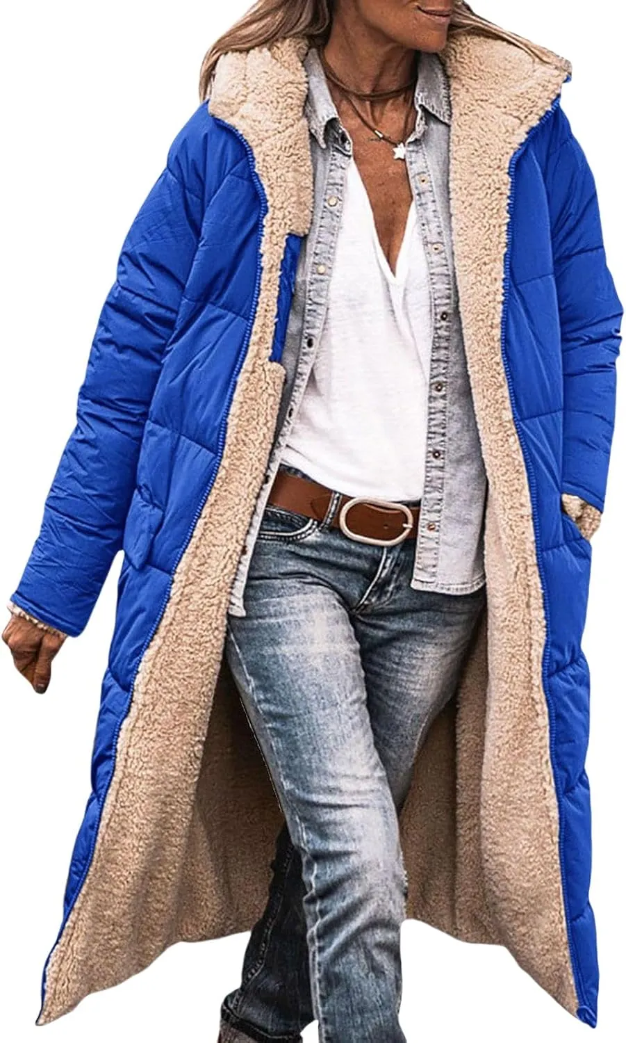 Womens Long Puffer Jackets Zip Up Hoodie Quilted Jacket Winter Warm Down Jacket Sherpa Fleece Lined Reversible Coat