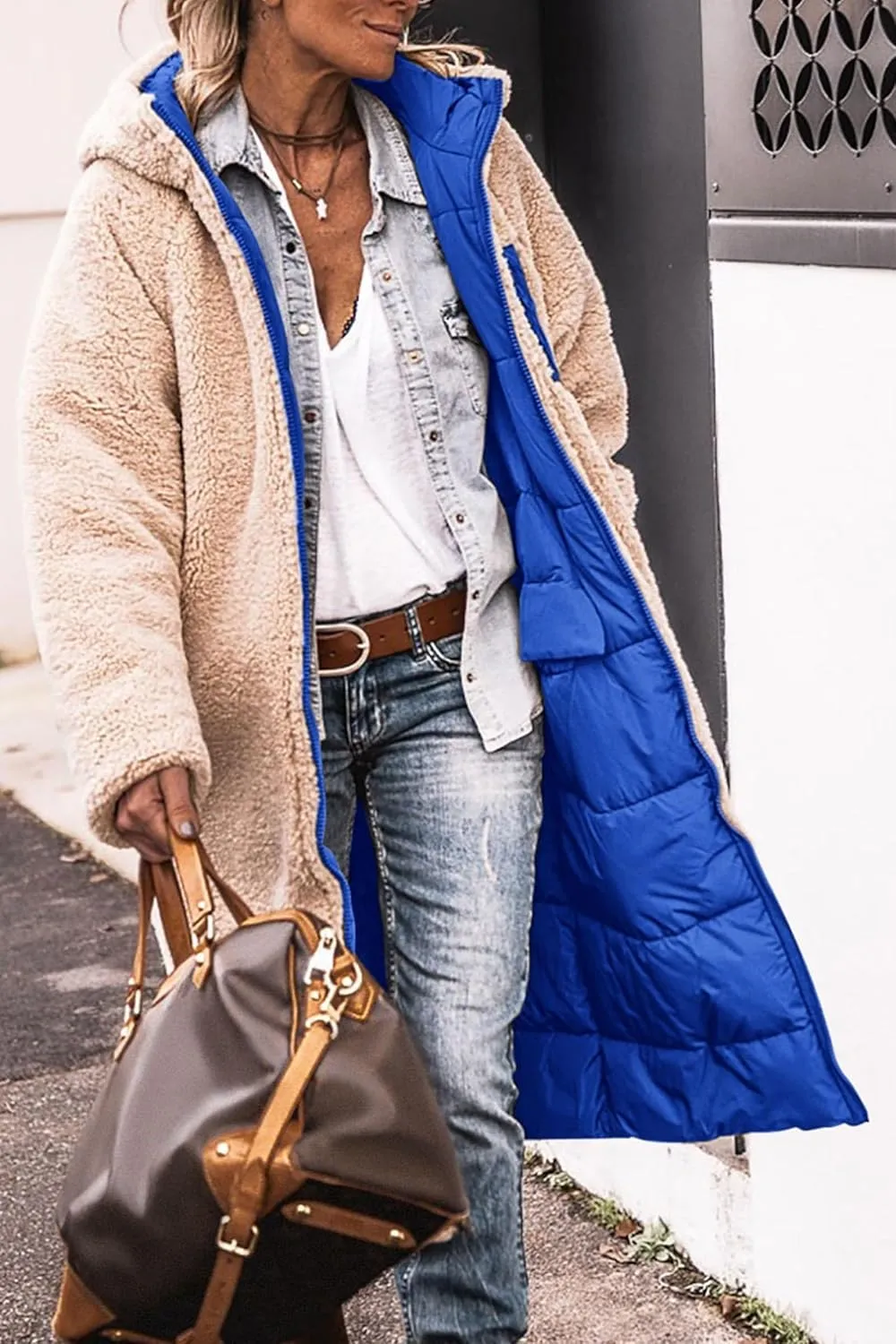 Womens Long Puffer Jackets Zip Up Hoodie Quilted Jacket Winter Warm Down Jacket Sherpa Fleece Lined Reversible Coat