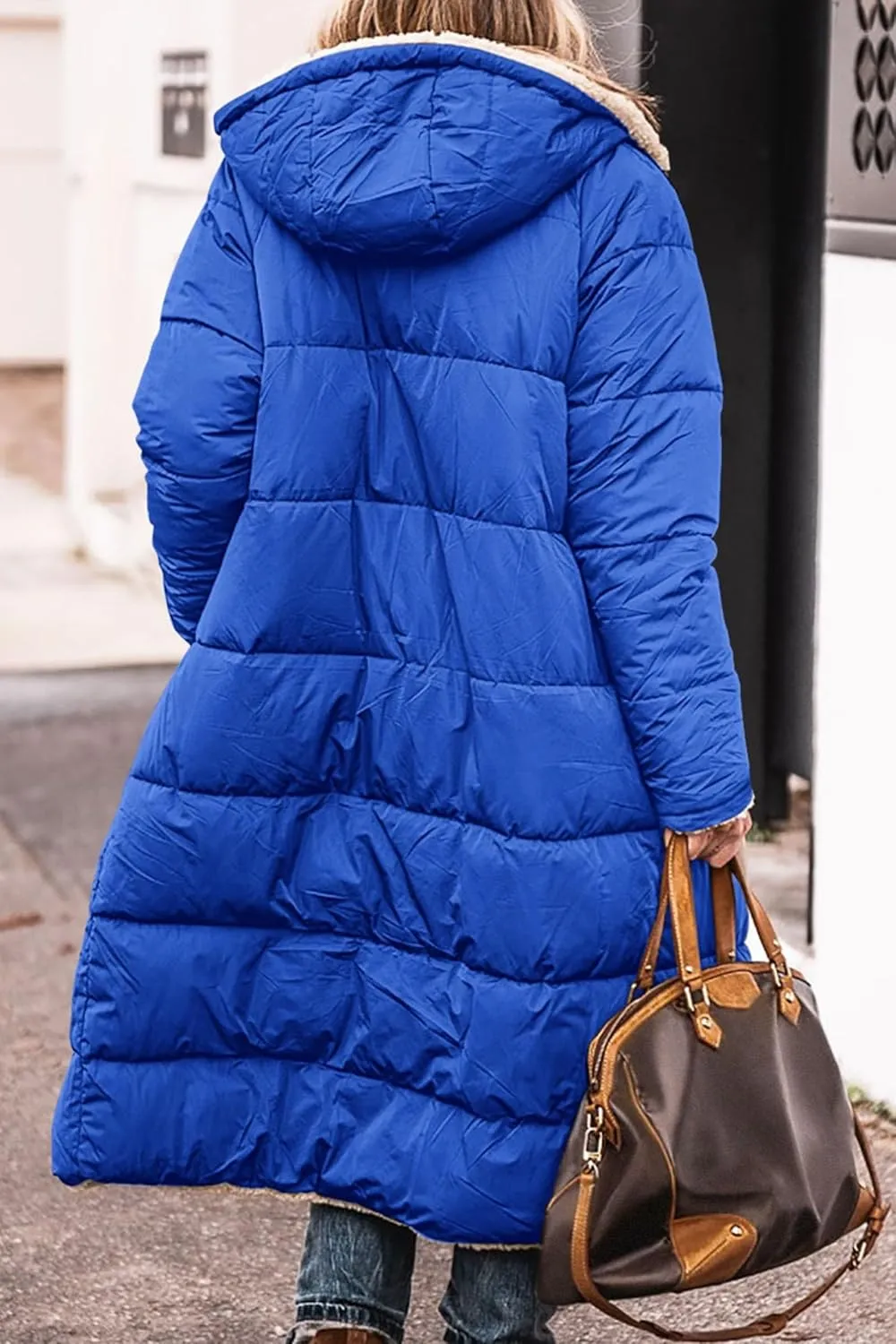 Womens Long Puffer Jackets Zip Up Hoodie Quilted Jacket Winter Warm Down Jacket Sherpa Fleece Lined Reversible Coat