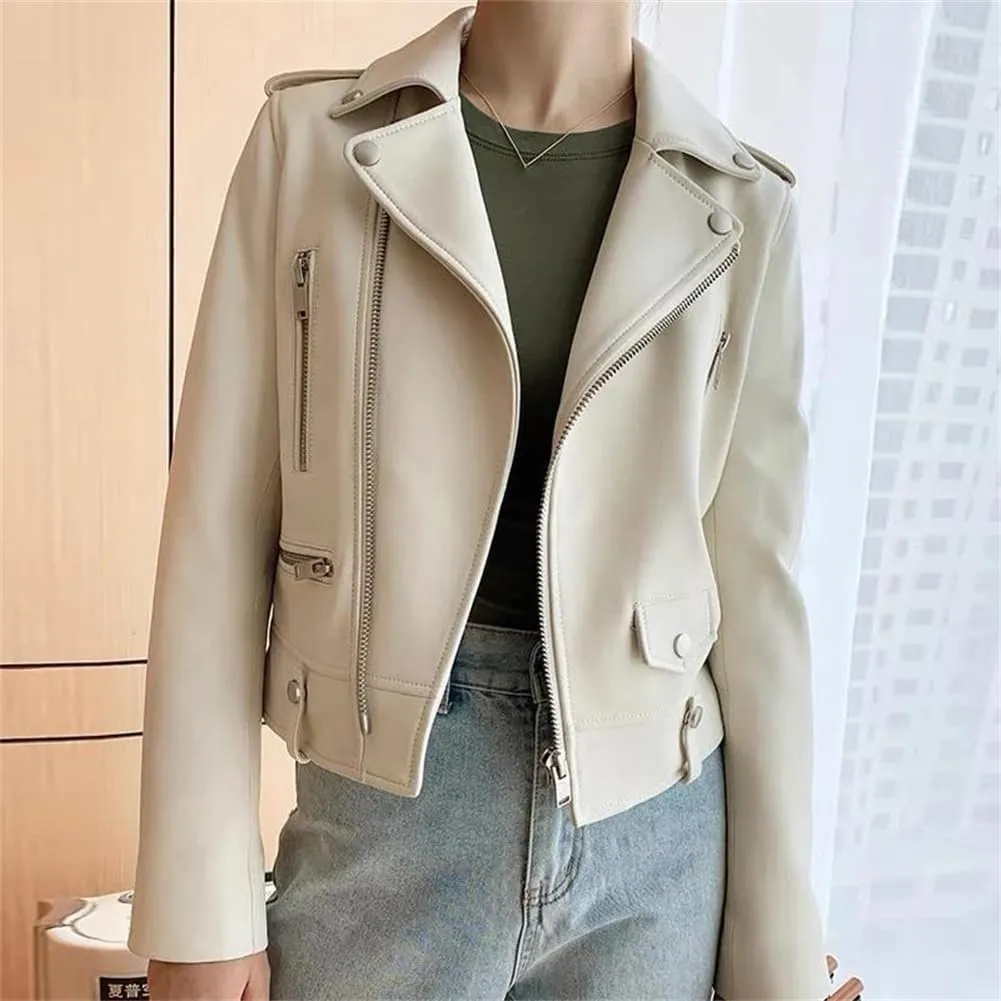 Womens Motorcycle Sheepskin Jackets Zipper Short Genuine Leather Jackets