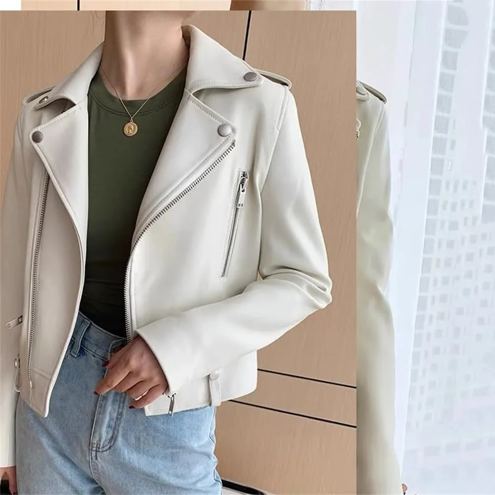 Womens Motorcycle Sheepskin Jackets Zipper Short Genuine Leather Jackets