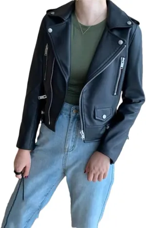 Womens Motorcycle Sheepskin Jackets Zipper Short Genuine Leather Jackets