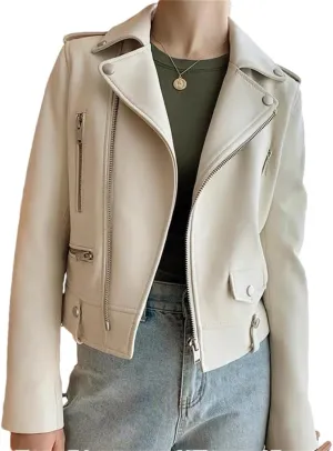 Womens Motorcycle Sheepskin Jackets Zipper Short Genuine Leather Jackets