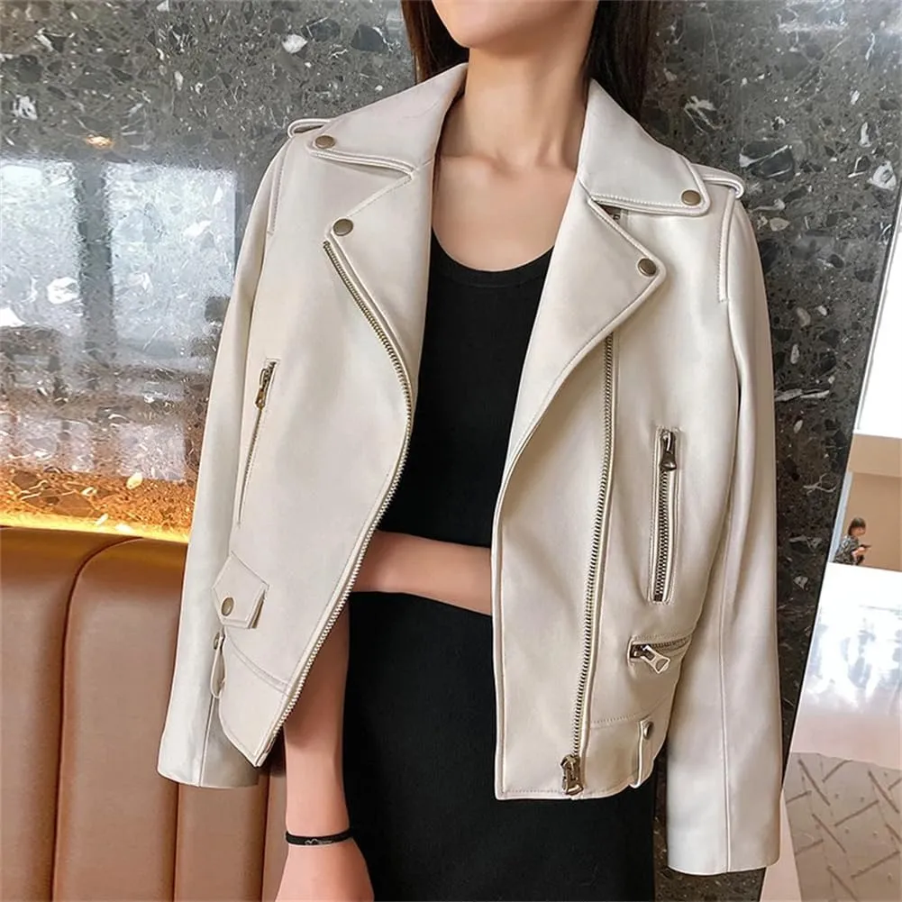 Womens Motorcycle Sheepskin Jackets Zipper Short Genuine Leather Jackets