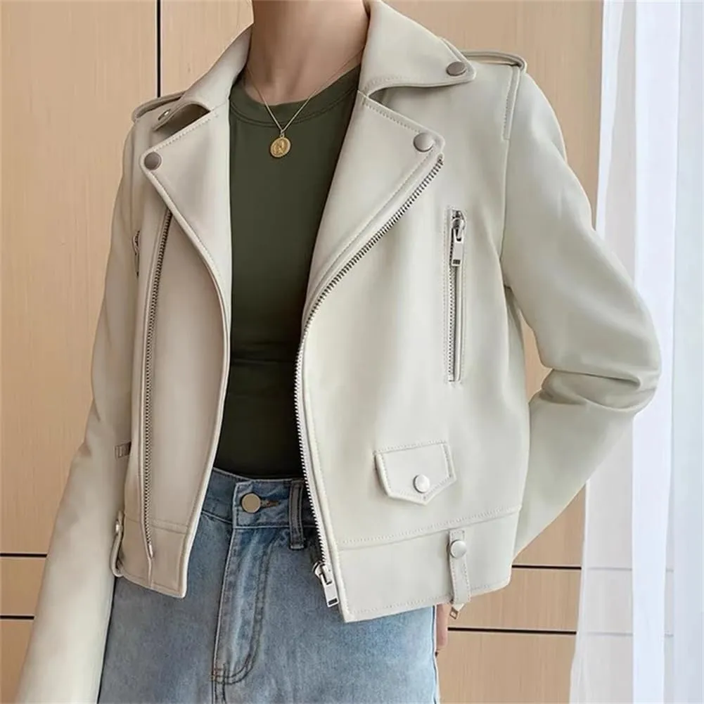 Womens Motorcycle Sheepskin Jackets Zipper Short Genuine Leather Jackets