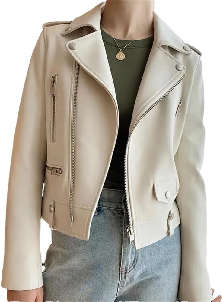 Womens Motorcycle Sheepskin Jackets Zipper Short Genuine Leather Jackets