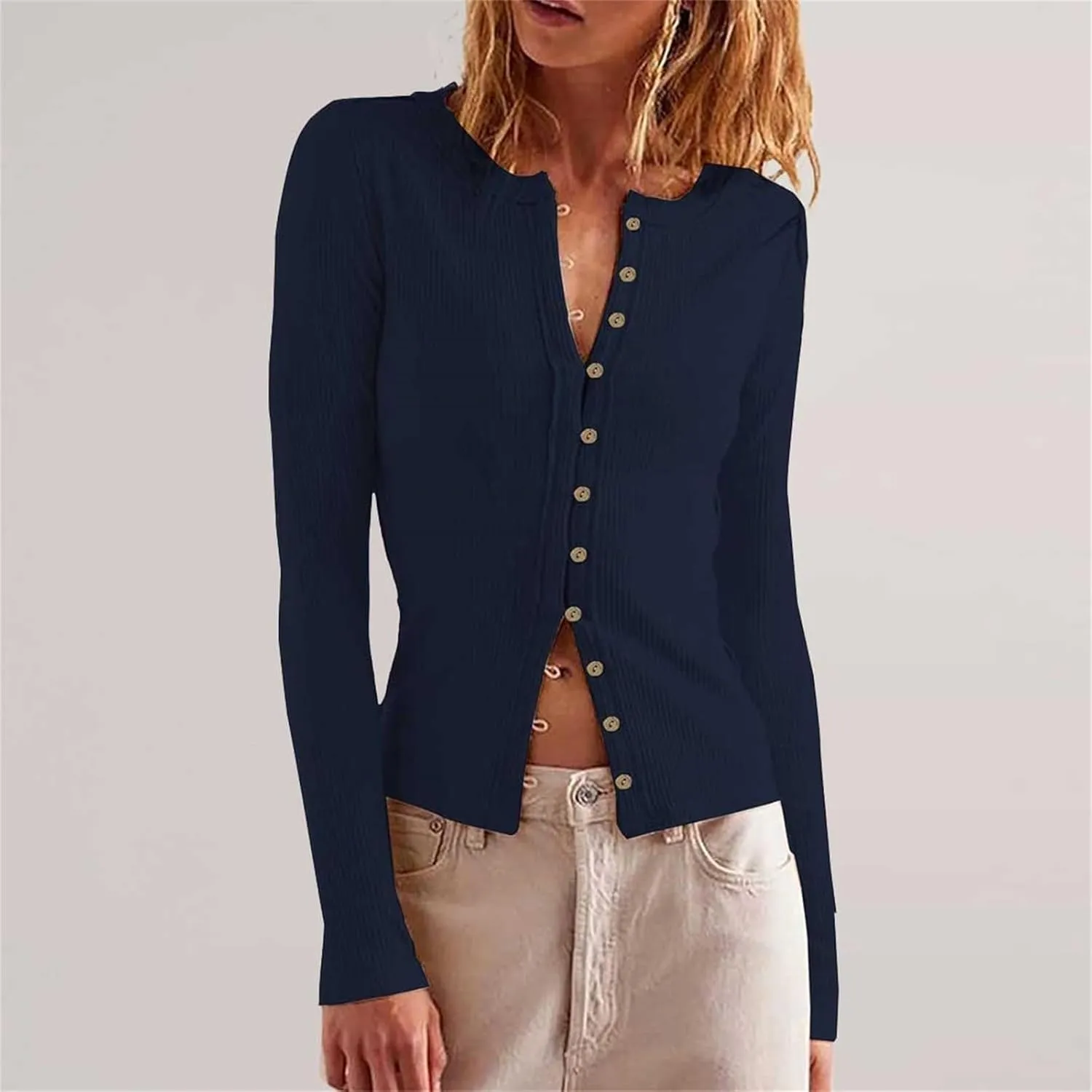 Womens Open Front Button Up Cropped Cardigan Ribbed Knit Long Sleeve Shirt Casual Solid Crop Top Cardigan Sweaters