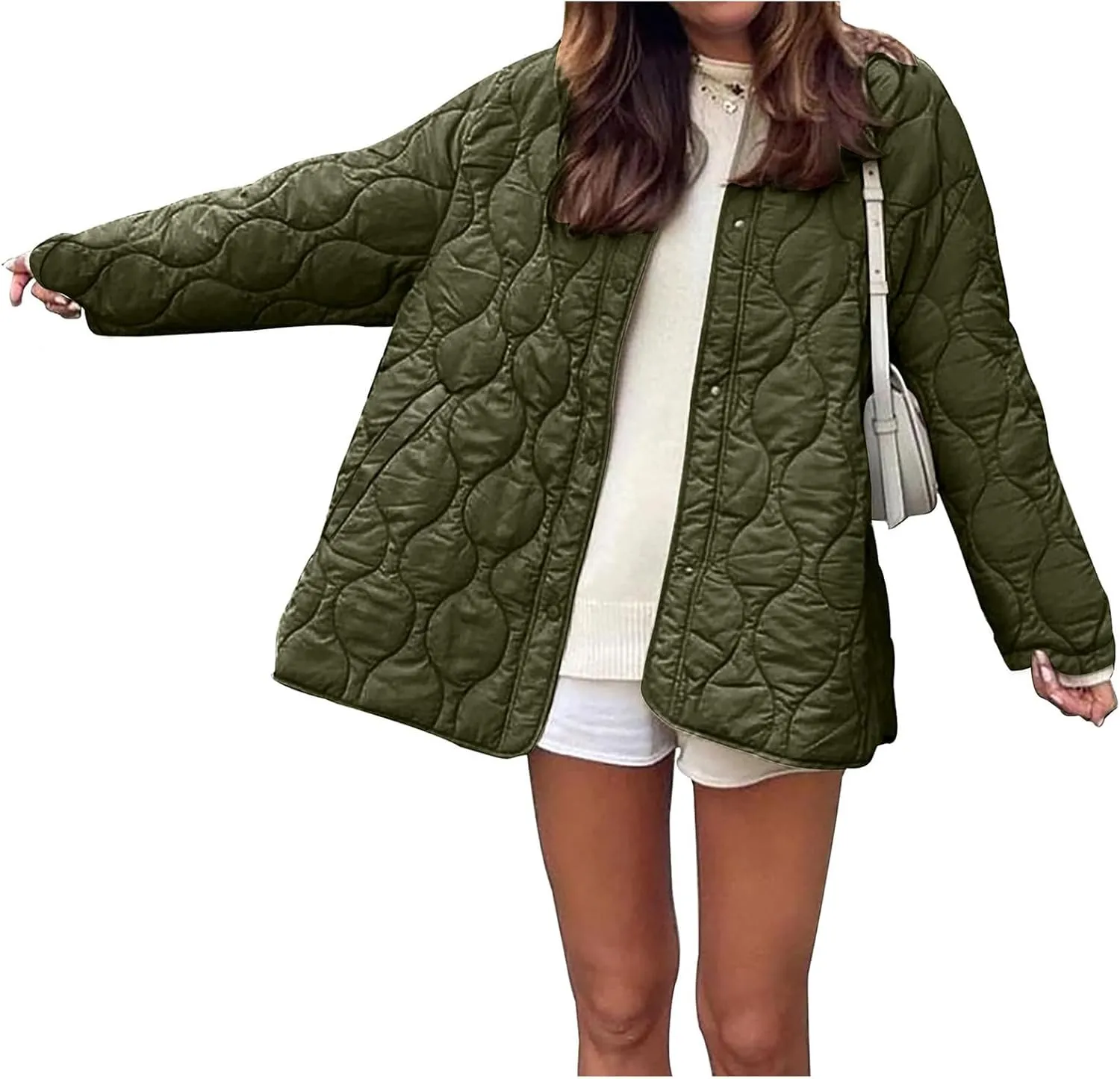 Womens Oversized Lightweight Down Coat Casual Long Sleeve Botton Down Puffer Jacket Outerwear with Pockets