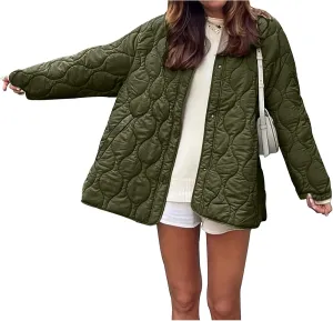 Womens Oversized Lightweight Down Coat Casual Long Sleeve Botton Down Puffer Jacket Outerwear with Pockets