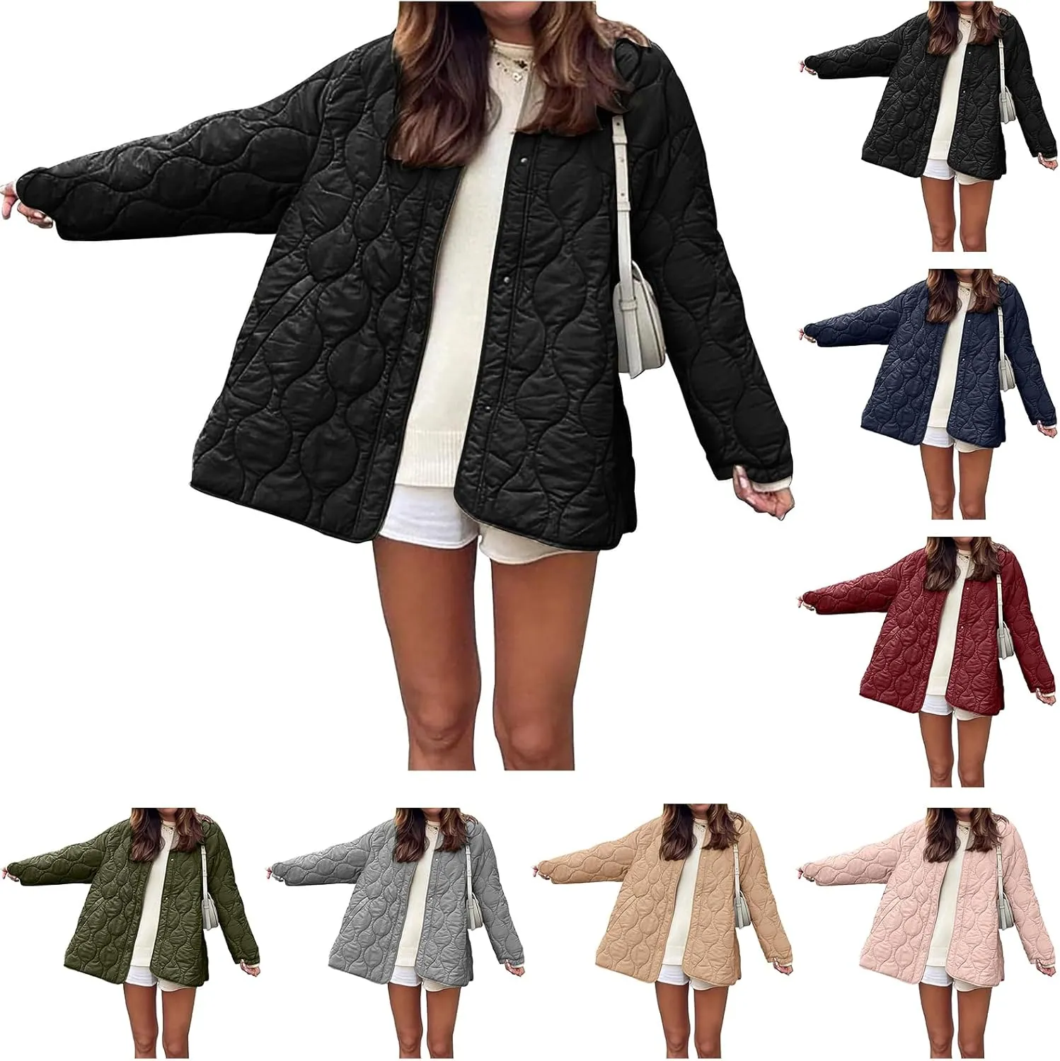 Womens Oversized Lightweight Down Coat Casual Long Sleeve Botton Down Puffer Jacket Outerwear with Pockets