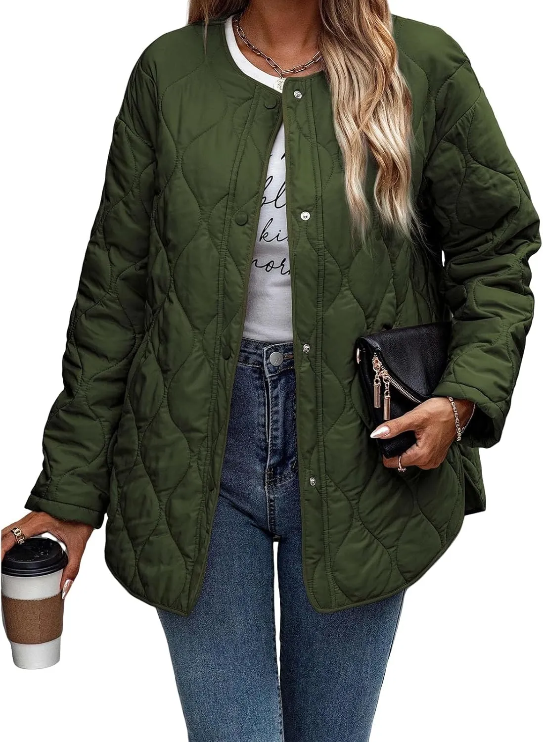 Womens Oversized Lightweight Down Coat Casual Long Sleeve Botton Down Puffer Jacket Outerwear with Pockets