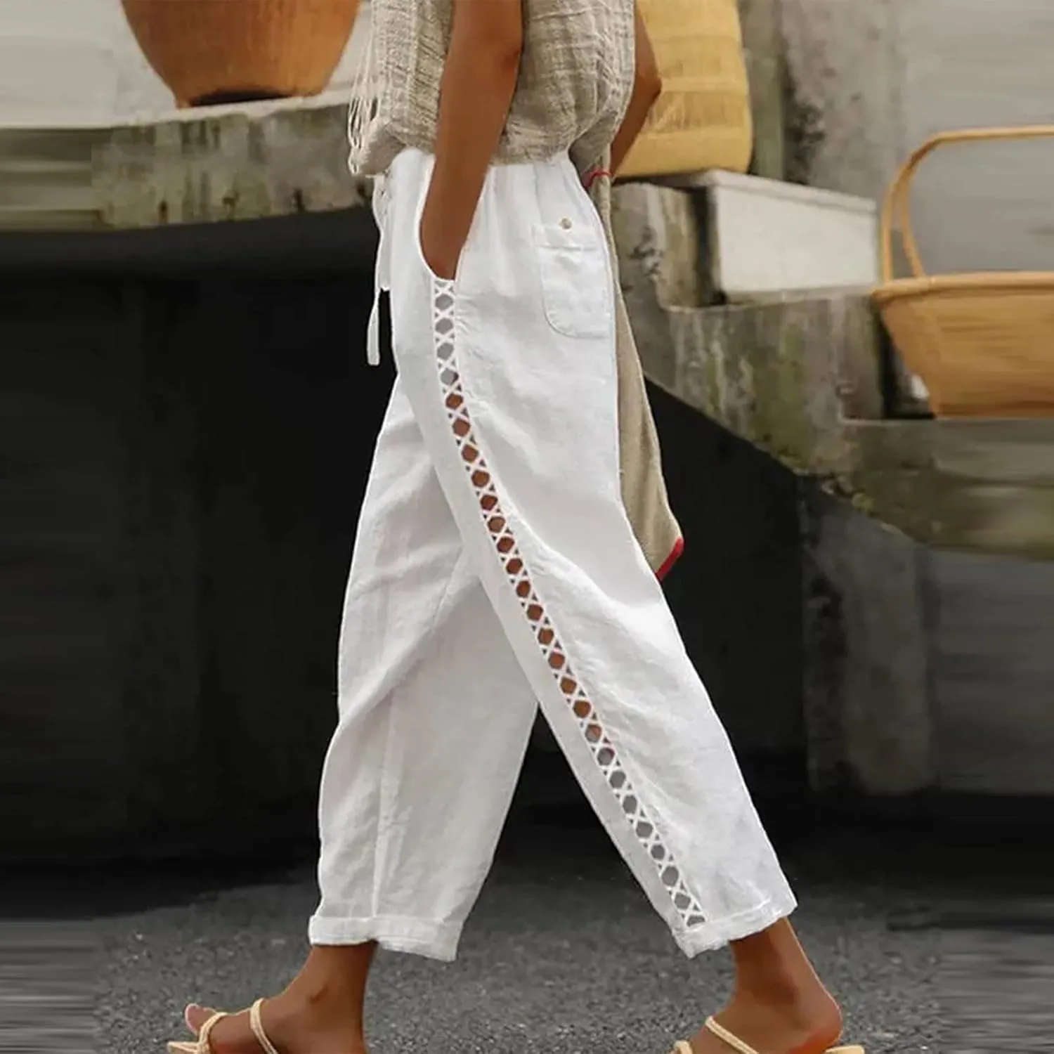 Women's Pants, Linen Straight Leg Peasant Pants Casual Relaxed Side Button Trendy
