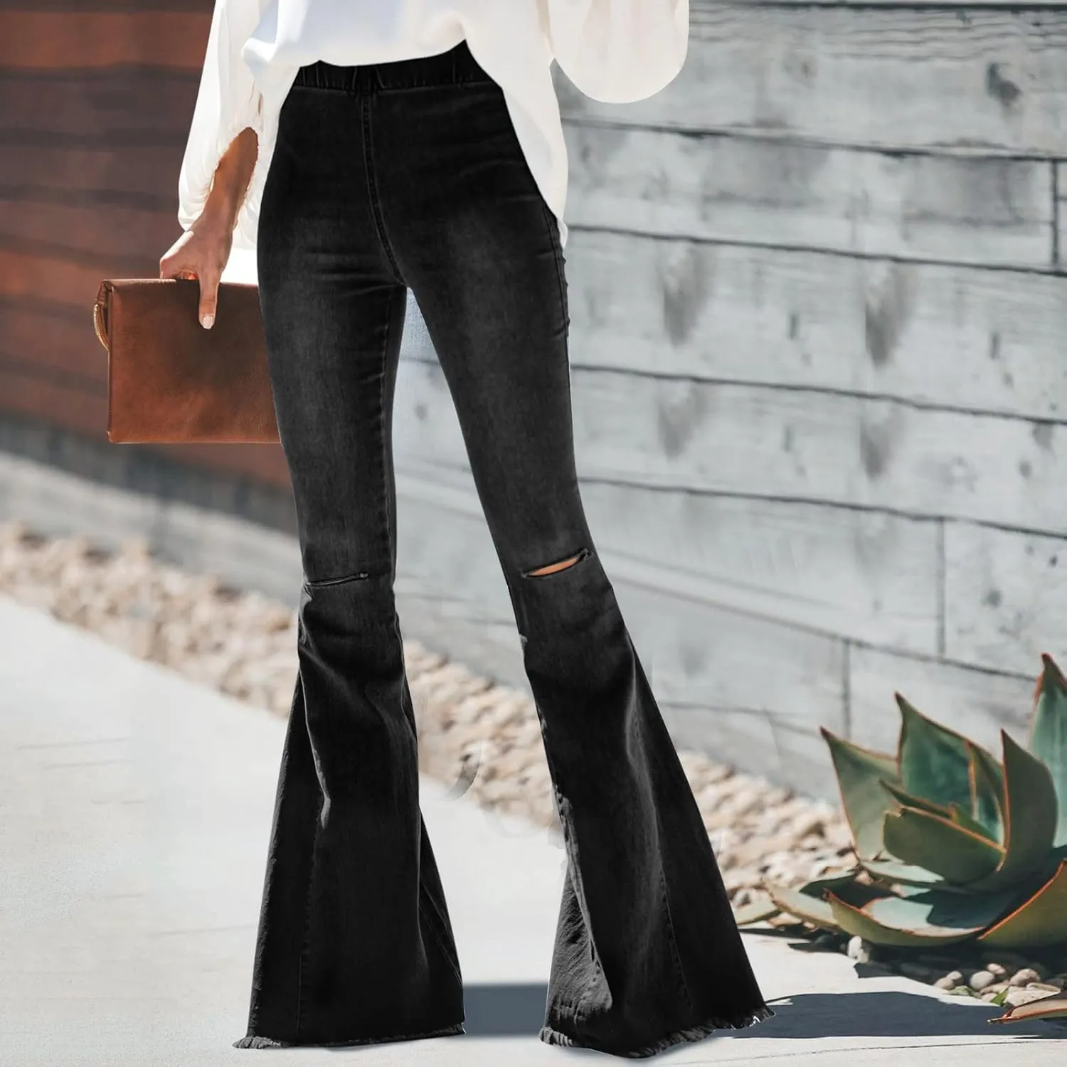 Women's Ripped Flare Bell Bottom Mid Waist Lace Up Hole Stretch Vintage Baggy Straight Denim Jeans Pants Trousers Streetwear