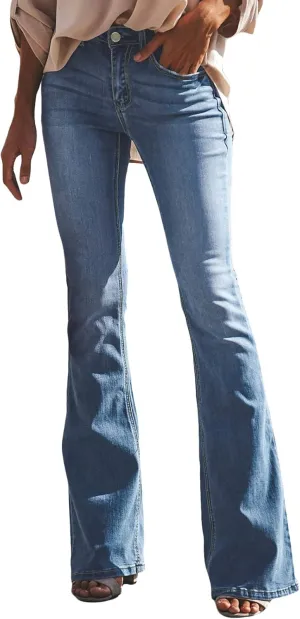 Women's Ripped Flare Bell Bottom Mid Waist Lace Up Hole Stretch Vintage Baggy Straight Denim Jeans Pants Trousers Streetwear