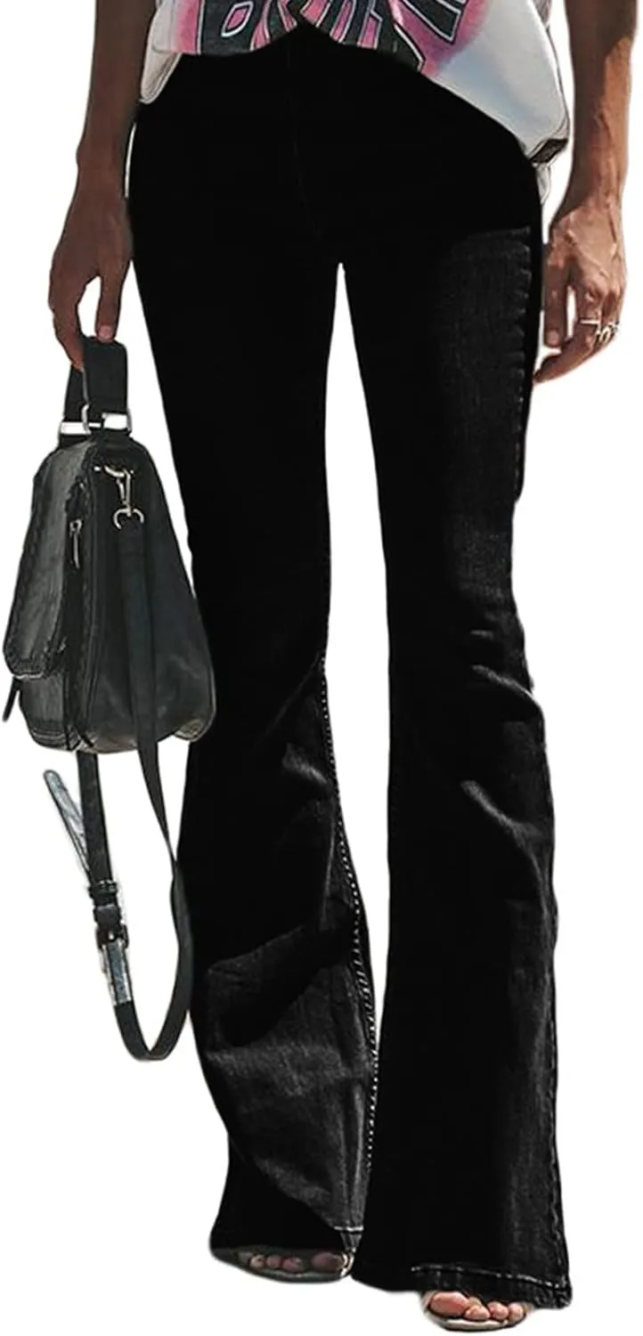 Women's Ripped Flare Bell Bottom Mid Waist Lace Up Hole Stretch Vintage Baggy Straight Denim Jeans Pants Trousers Streetwear