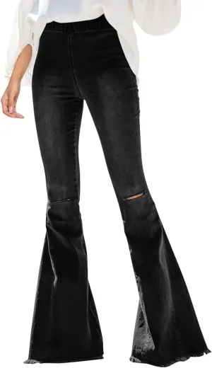 Women's Ripped Flare Bell Bottom Mid Waist Lace Up Hole Stretch Vintage Baggy Straight Denim Jeans Pants Trousers Streetwear