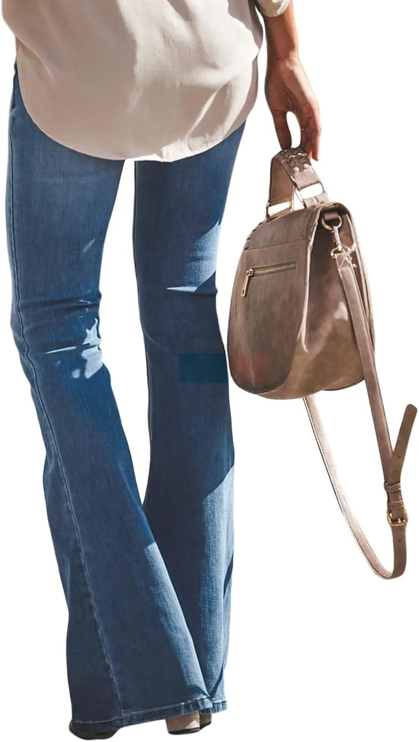 Women's Ripped Flare Bell Bottom Mid Waist Lace Up Hole Stretch Vintage Baggy Straight Denim Jeans Pants Trousers Streetwear