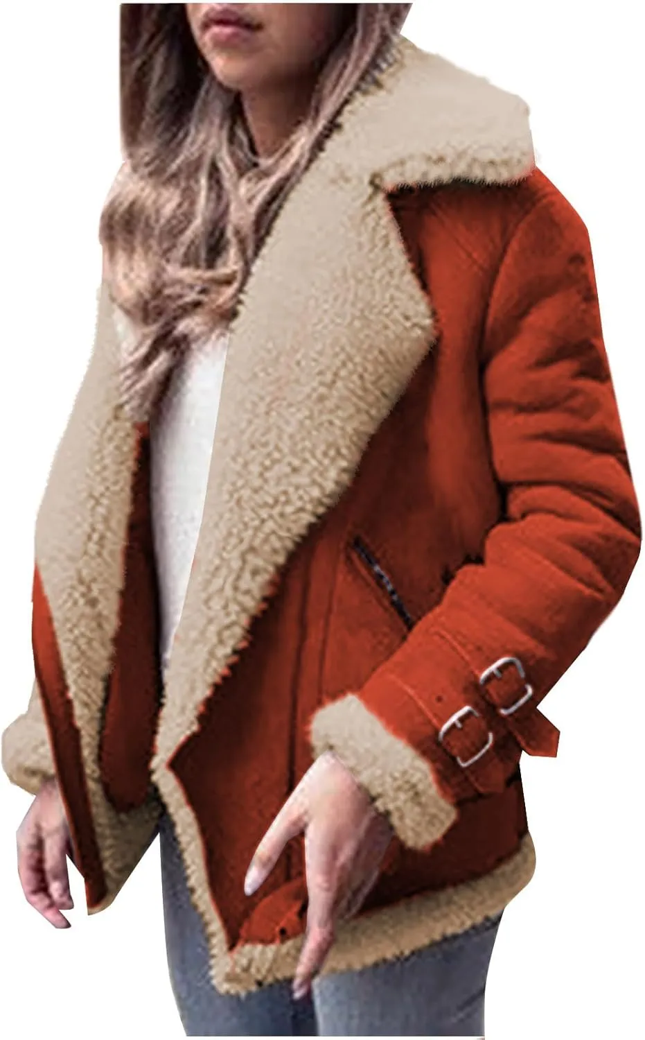 Womens Sherpa Lined Bomber Jackets Faux Shearing Moto Lamb Coat Winter Warm Fleece Zip Up Coat Plus Size Outerwear