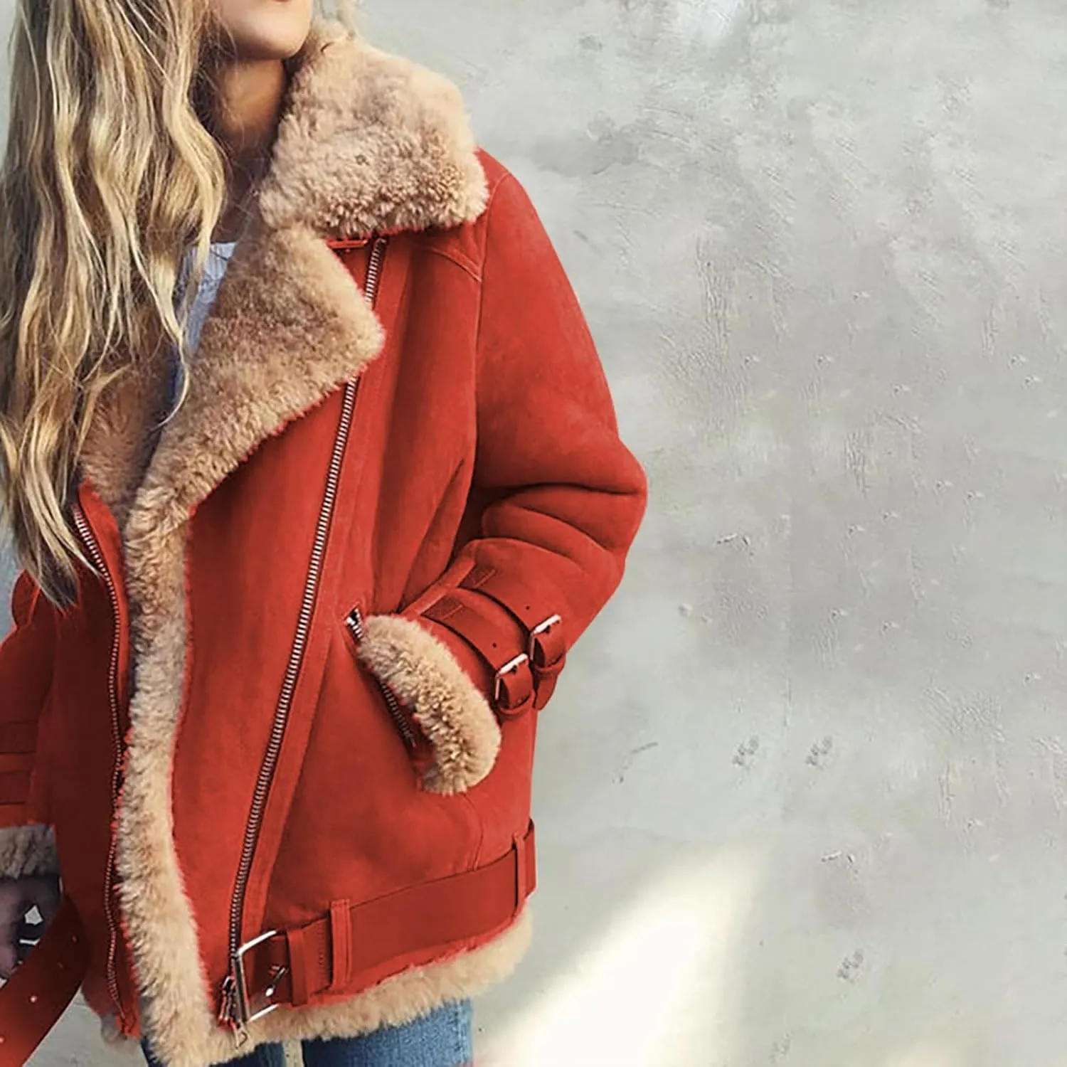 Womens Sherpa Lined Bomber Jackets Faux Shearing Moto Lamb Coat Winter Warm Fleece Zip Up Coat Plus Size Outerwear