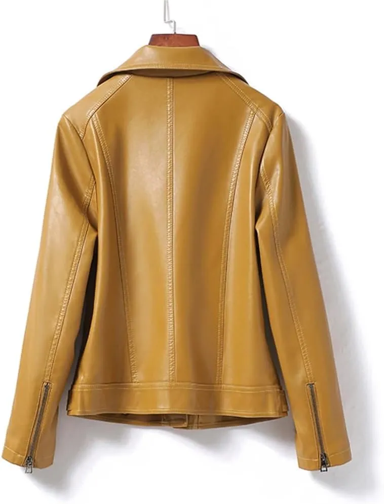 Womens Short Leather Jacket Slim Fit Sheepskin Jacket Lapel Motorcycle Leather Jacket