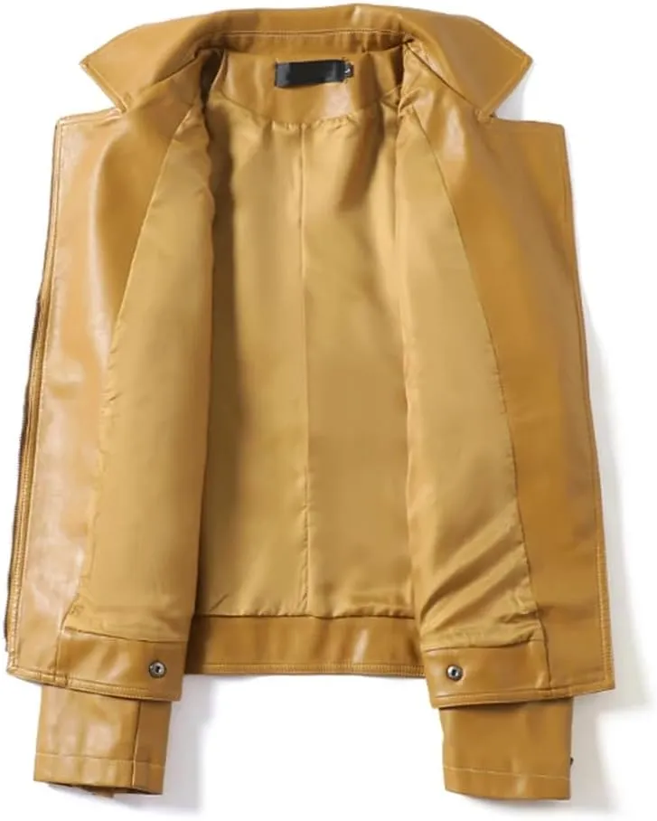 Womens Short Leather Jacket Slim Fit Sheepskin Jacket Lapel Motorcycle Leather Jacket
