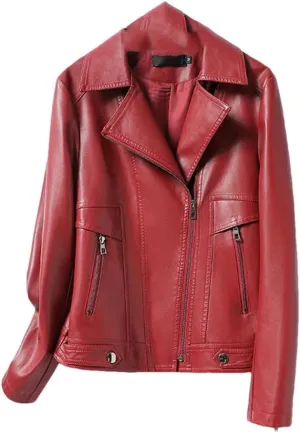 Womens Short Leather Jacket Slim Fit Sheepskin Jacket Lapel Motorcycle Leather Jacket