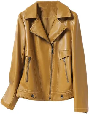 Womens Short Leather Jacket Slim Fit Sheepskin Jacket Lapel Motorcycle Leather Jacket