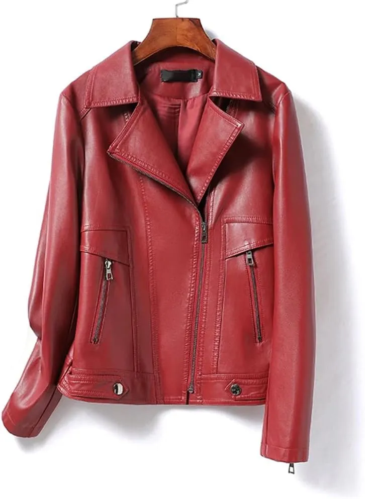Womens Short Leather Jacket Slim Fit Sheepskin Jacket Lapel Motorcycle Leather Jacket