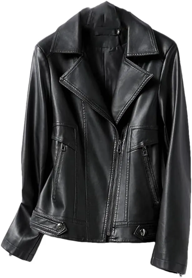 Womens Short Leather Jacket Slim Fit Sheepskin Jacket Lapel Motorcycle Leather Jacket