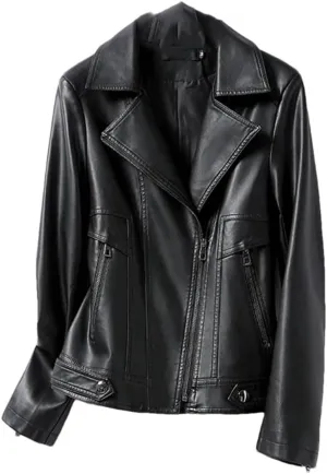 Womens Short Leather Jacket Slim Fit Sheepskin Jacket Lapel Motorcycle Leather Jacket