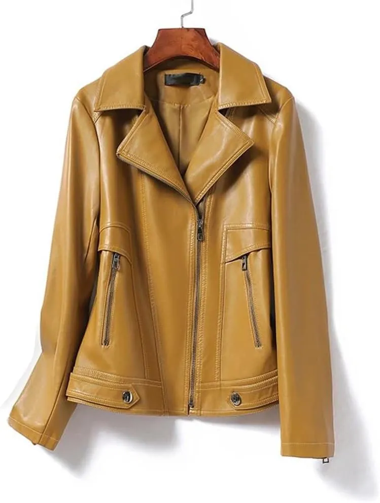 Womens Short Leather Jacket Slim Fit Sheepskin Jacket Lapel Motorcycle Leather Jacket