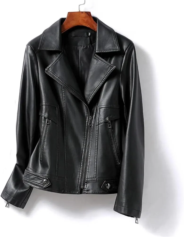 Womens Short Leather Jacket Slim Fit Sheepskin Jacket Lapel Motorcycle Leather Jacket